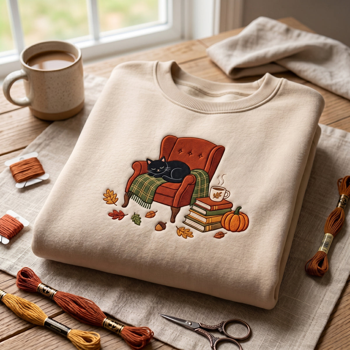 Cozy Fall Black Cat Sleeping Armchair Books Pumpkin Autumn Leaves embroidered sweatshirt — front view