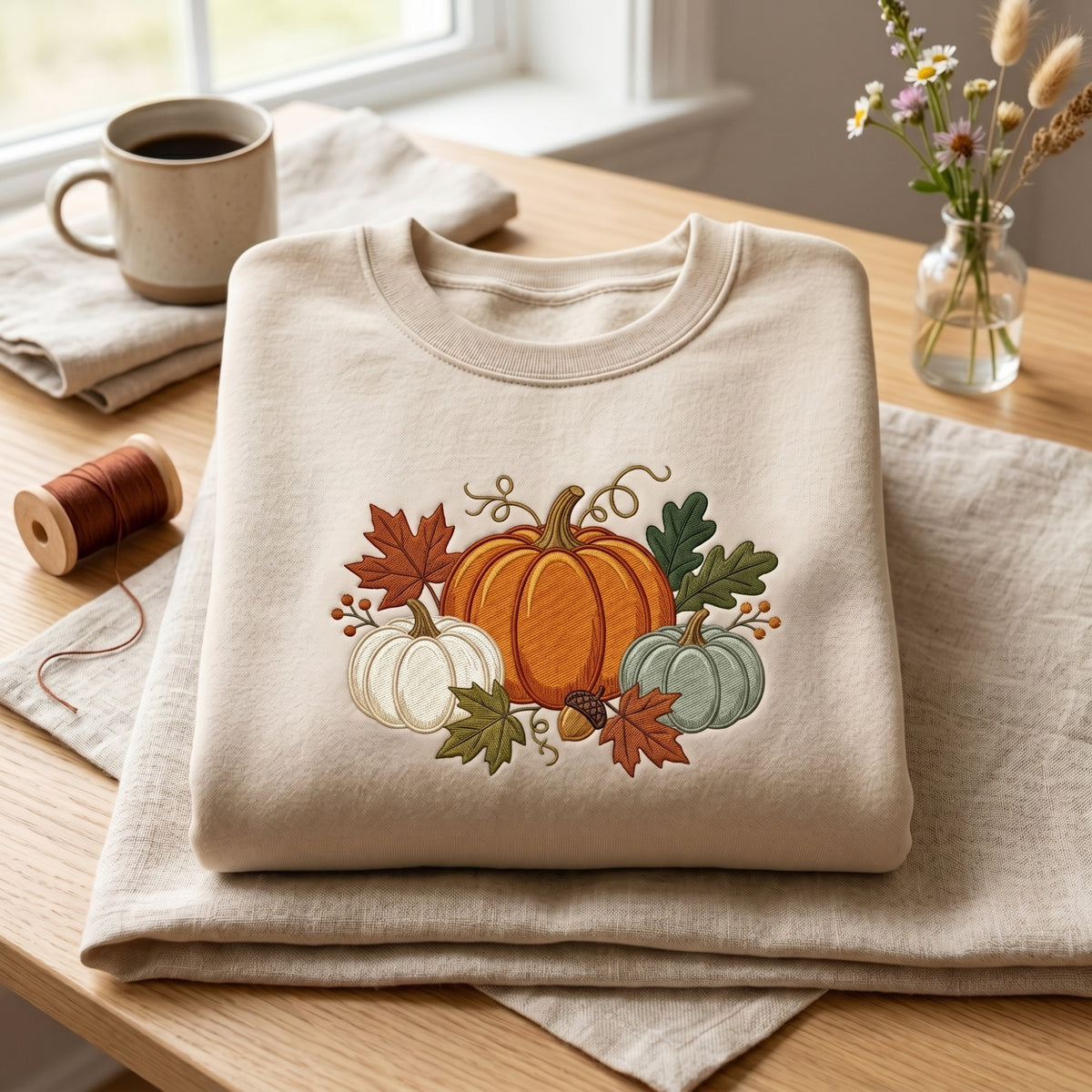 Fall Three Pumpkins Autumn Leaves Acorn Berries Botanical embroidered sweatshirt — front view