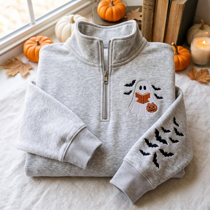Halloween Ghost Reading Book Bats Pumpkin Bucket Left Chest Embroidered Quarter-Zip