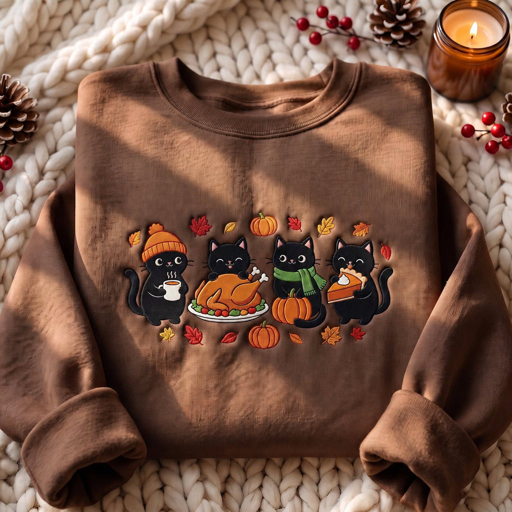 Thanksgiving Black Cats Turkey Dinner Pumpkin Autumn Leaves embroidered sweatshirt — front view