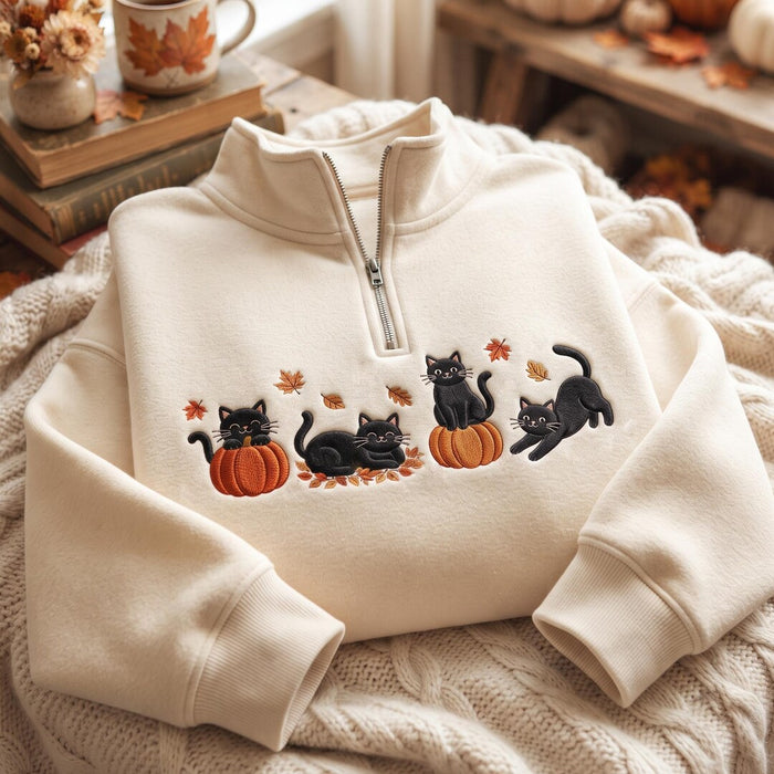 Black Cats Pumpkin Fall Leaves Autumn Embroidered Quarter-Zip