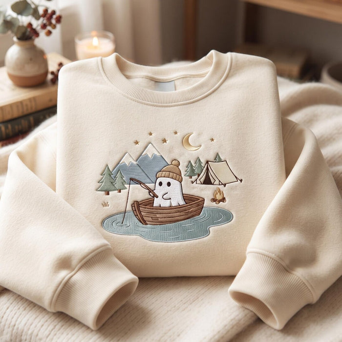 Halloween Camping Ghost Fishing Boat Lake Mountains Tent Campfire Moon Stars Embroidered Sweatshirt