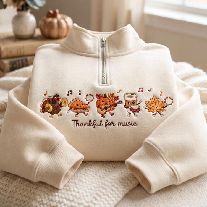 Thankful for Music Thanksgiving Turkey Pumpkin Fall Band Embroidered Quarter-Zip