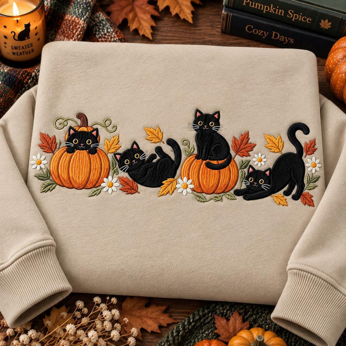 Black Cat Pumpkin Fall Autumn Leaves Daisy Floral Border Embroidered Hoodie