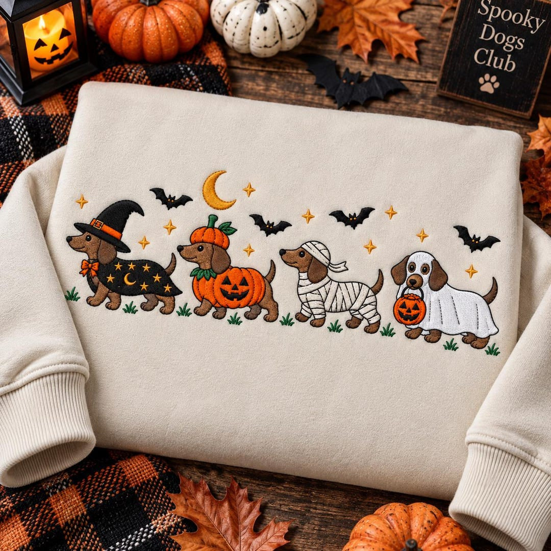 Halloween Dachshund Witch Pumpkin Mummy Ghost Costume Spooky Season embroidered sweatshirt — front view