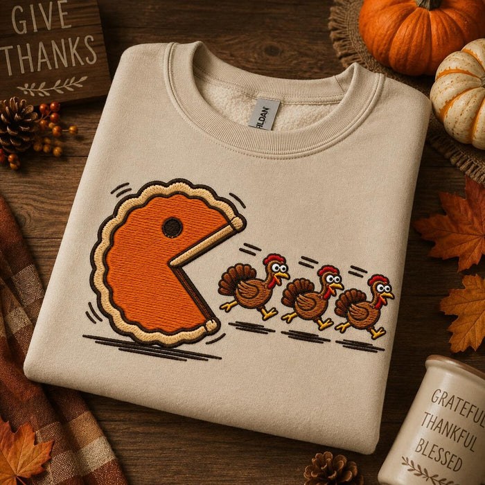Funny Thanksgiving Pumpkin Pie Chasing Turkeys Gamer Embroidered T-Shirt