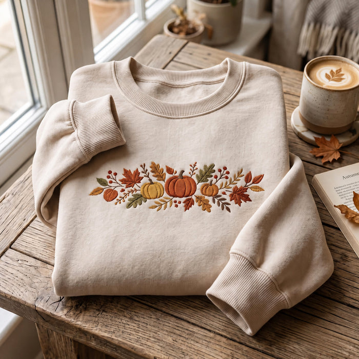 Fall Pumpkins Autumn Leaves Berries Botanical Garland Embroidered Sweatshirt