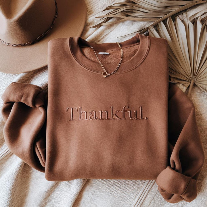 Thankful Minimalist Serif Text Fall embroidered sweatshirt — front view