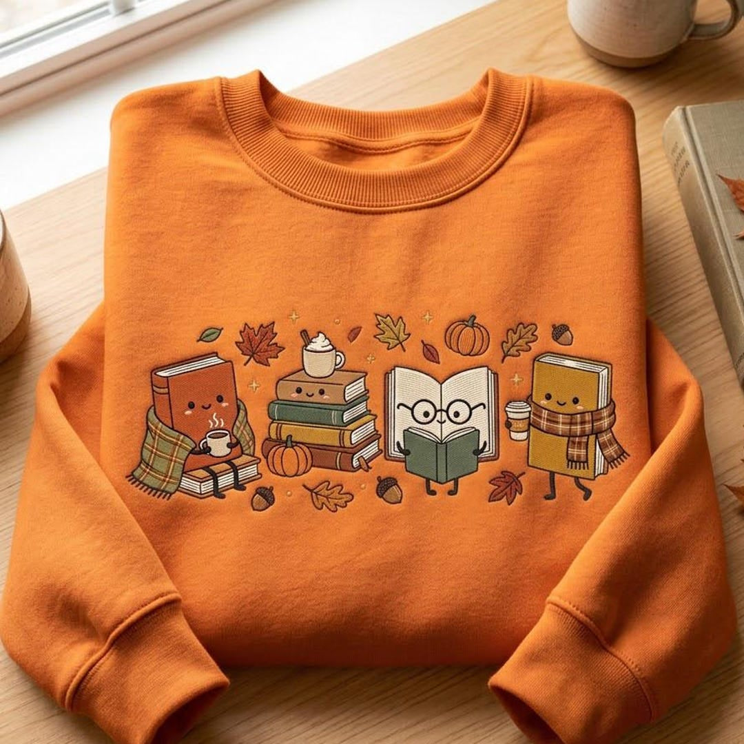 Autumn Fall Cozy Book Characters Pumpkin Acorn Leaves Coffee embroidered sweatshirt — front view