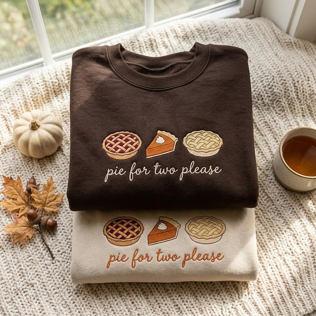 Thanksgiving Pie Trio Fall Pregnancy Announcement Pie for Two Please embroidered sweatshirt — front view