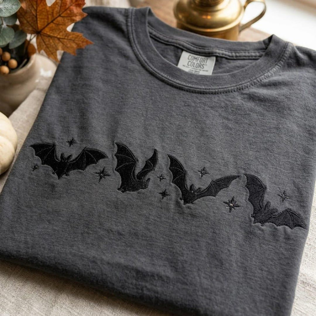 Halloween Flying Bats Stars Spooky Season embroidered t-shirt — front view