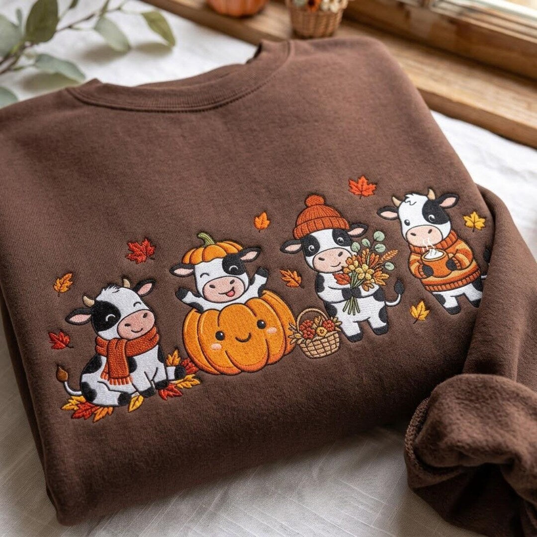 Fall Cute Cows Pumpkin Autumn Leaves Scarf Beanie Bouquet Coffee embroidered sweatshirt — front view