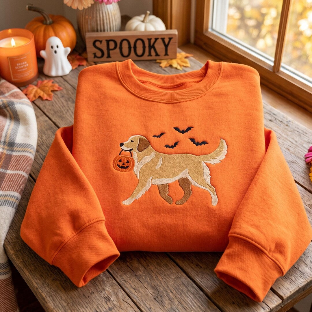 Halloween Golden Retriever Pumpkin Bucket Bats embroidered sweatshirt — front view