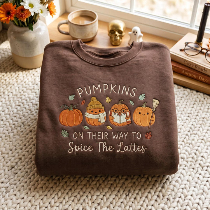 Pumpkins on Their Way to Spice the Lattes Cute Fall Pumpkin Characters embroidered sweatshirt — front view