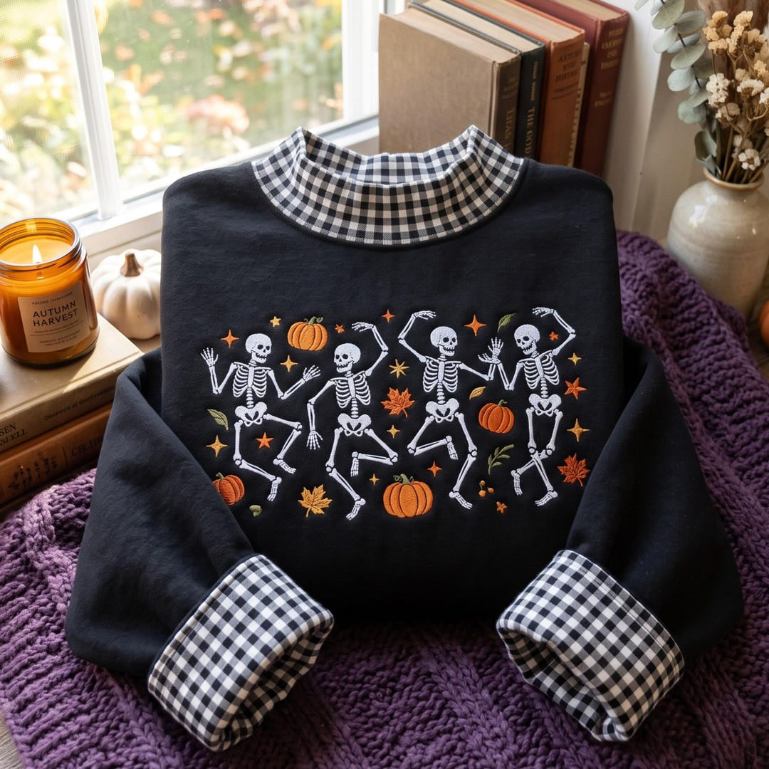 Halloween Dancing Skeletons Pumpkins Autumn Leaves Stars embroidered sweatshirt — front view