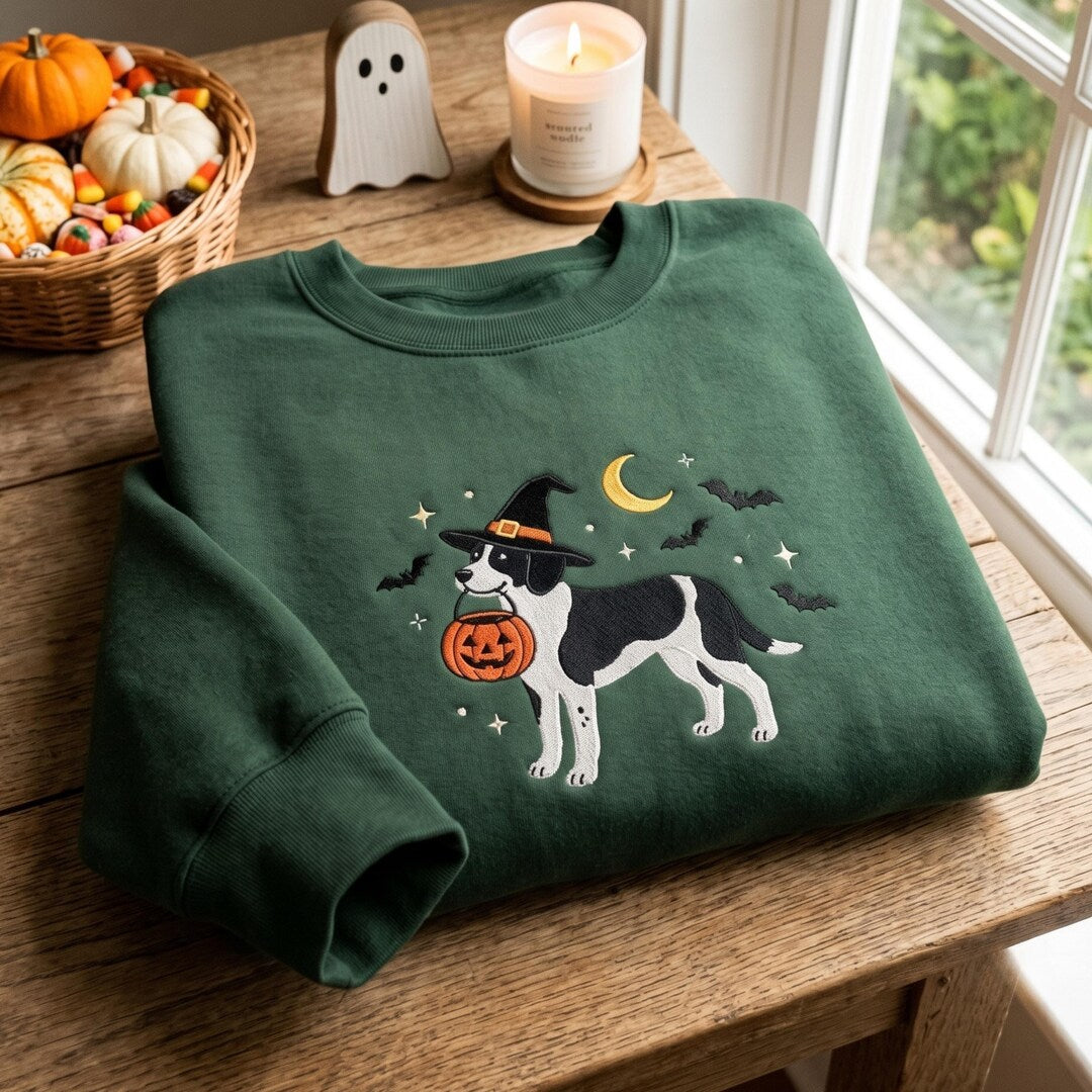 Halloween Border Collie Witch Hat Jack O Lantern Bats Moon Stars embroidered sweatshirt — front view