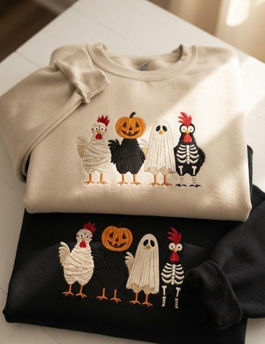 Halloween Spooky Chickens Mummy Ghost Pumpkin Skeleton Costume embroidered sweatshirt — front view