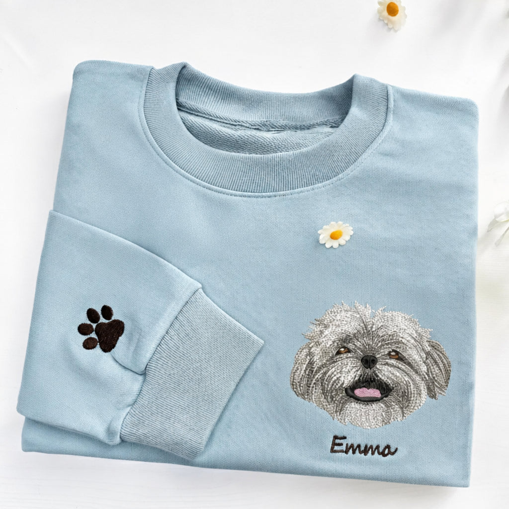 Personalized Custom Dog Photo Portrait Paw Daisy embroidered sweatshirt — front view
