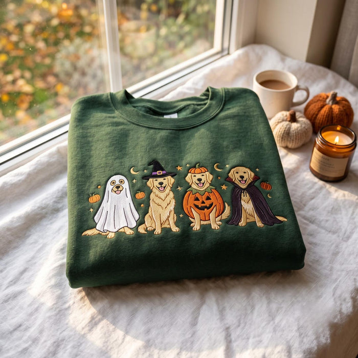 Halloween Golden Retriever Ghost Witch Pumpkin Vampire Costume Dogs Embroidered Sweatshirt