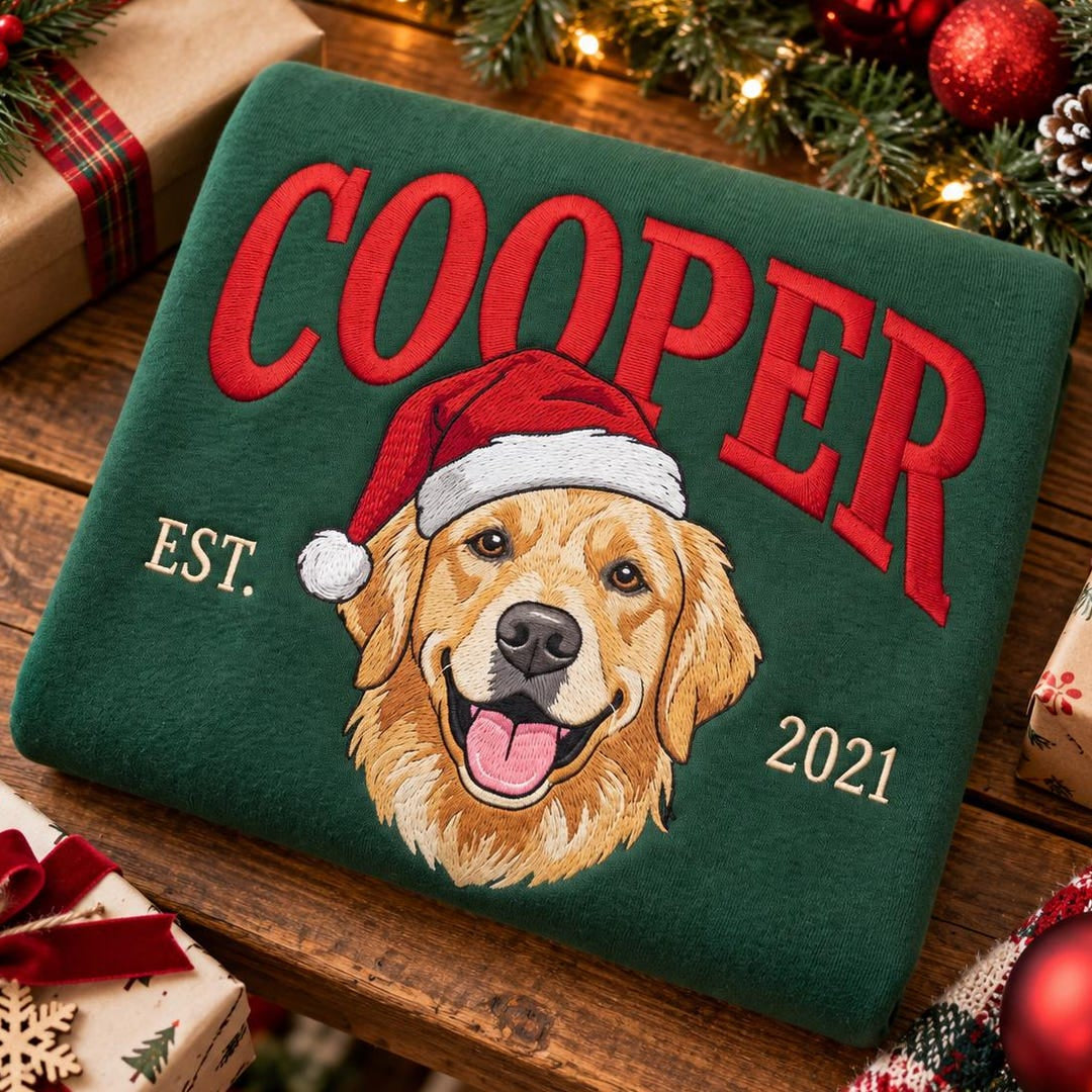 Personalized Dog Name Golden Retriever Santa Hat Christmas EST Year embroidered sweatshirt — front view