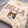 Personalized Cat Portrait Gingham Applique Name EST Year Sleeve Custom embroidered sweatshirt — front view