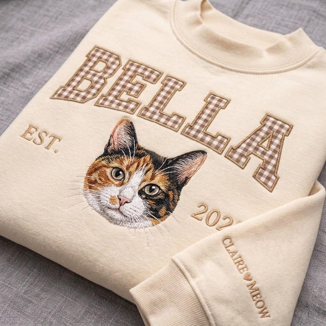 Personalized Cat Portrait Gingham Applique Name EST Year Sleeve Custom embroidered sweatshirt — front view