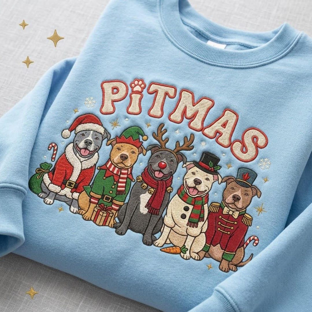 Pitbull Christmas Five Dogs Holiday Costumes Pitmas embroidered sweatshirt — front view