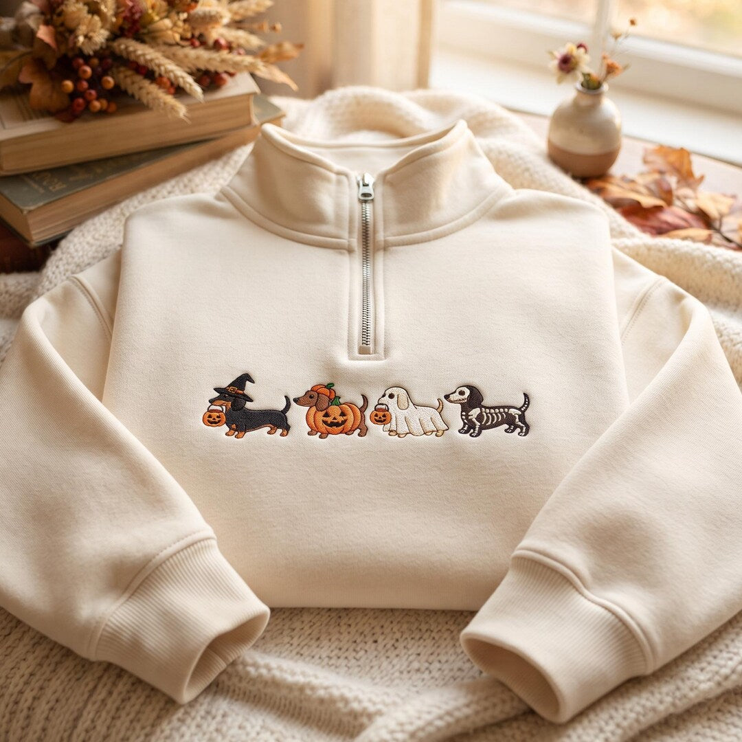 Halloween Dachshund Dogs Witch Ghost Skeleton Pumpkin Costume embroidered sweatshirt — front view
