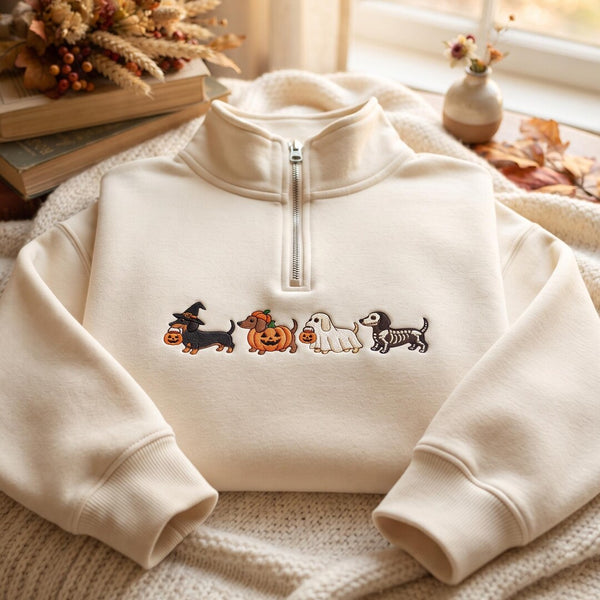 Halloween Dachshund Dogs Witch Ghost Skeleton Pumpkin Costume embroidered sweatshirt — front view