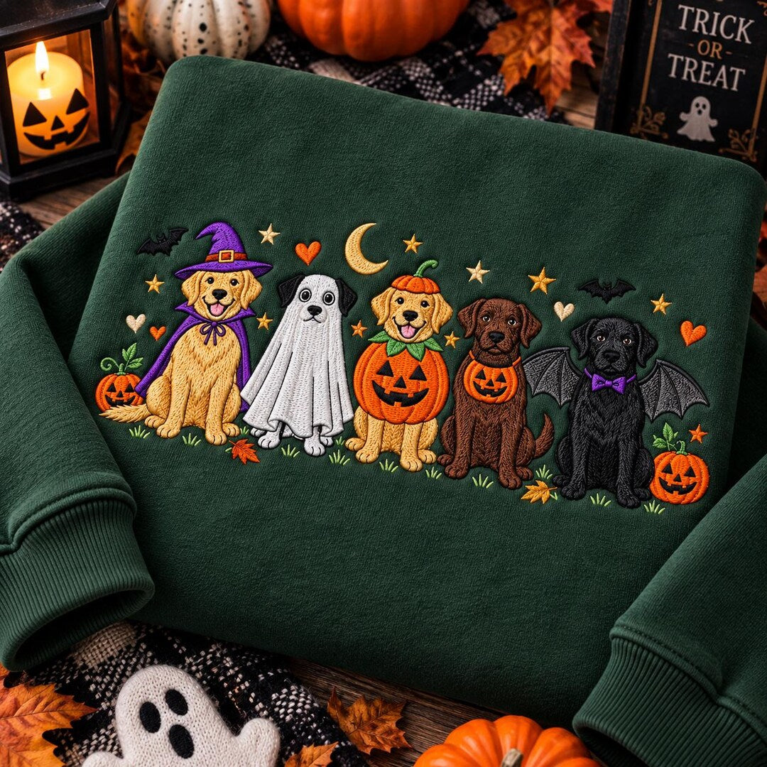 Halloween Dogs in Costumes Witch Ghost Pumpkin Bat Labrador Golden Retriever embroidered hoodie — front view