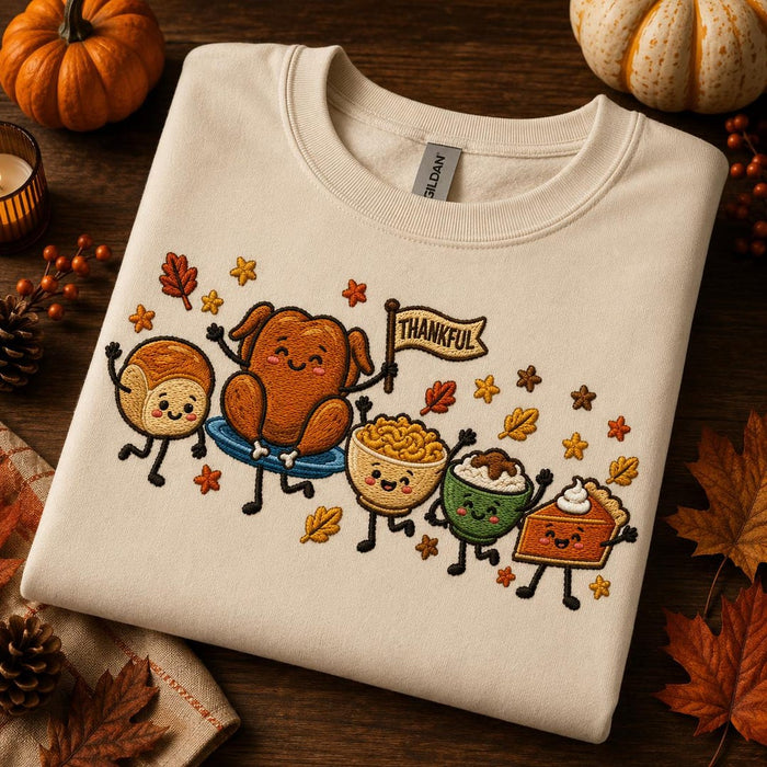 Thanksgiving Thankful Turkey Pie Mac Cheese Green Bean Casserole Roll Parade Embroidered T-Shirt