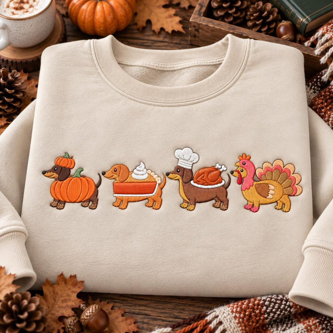 Thanksgiving Dachshund Pumpkin Pie Chef Turkey Costume Four Dogs embroidered sweatshirt — front view