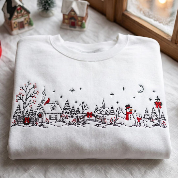 Christmas Winter Village Snowman Dog Cardinal Holiday Scene Embroidered Sweatshirt