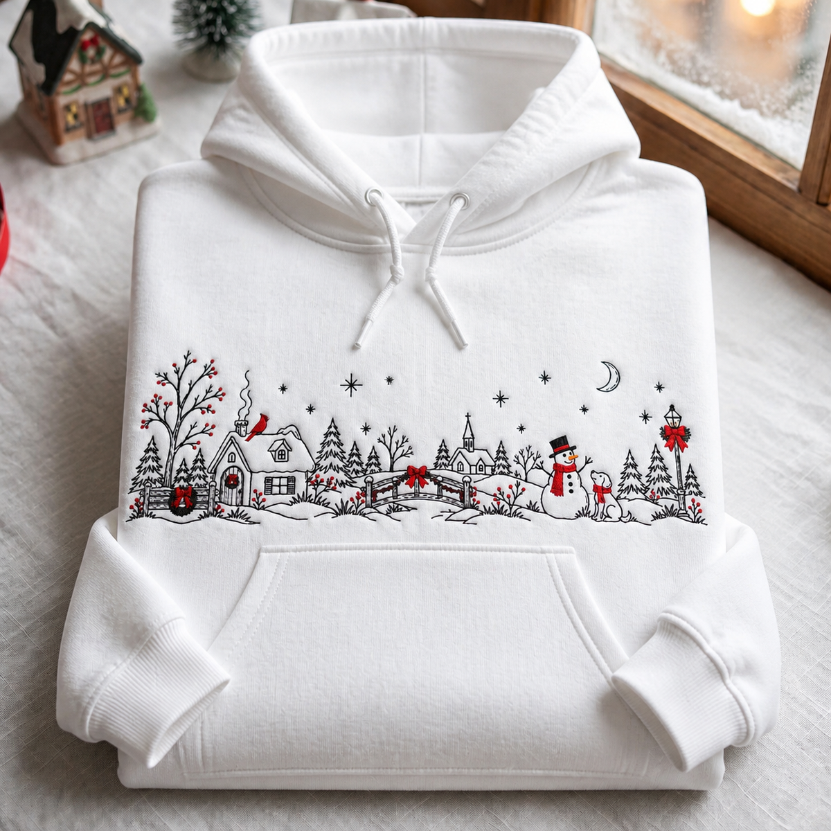 Christmas Winter Village Snowman Dog Cardinal Holiday Scene Embroidered Hoodie