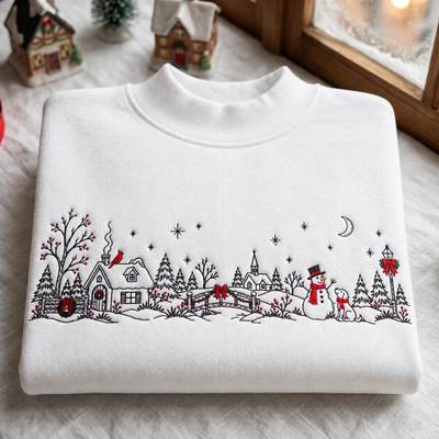 Christmas Winter Village Snowman Dog Cardinal Holiday Scene Embroidered Mock Neck Sweatshirt