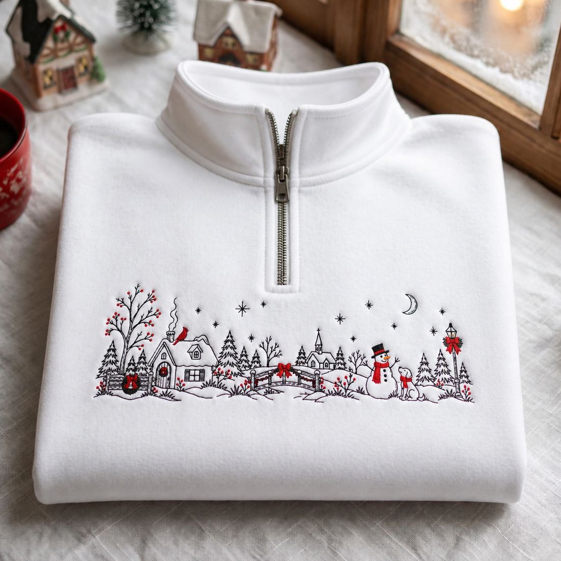 Christmas Winter Village Snowman Dog Cardinal Holiday Scene Embroidered Quarter-Zip