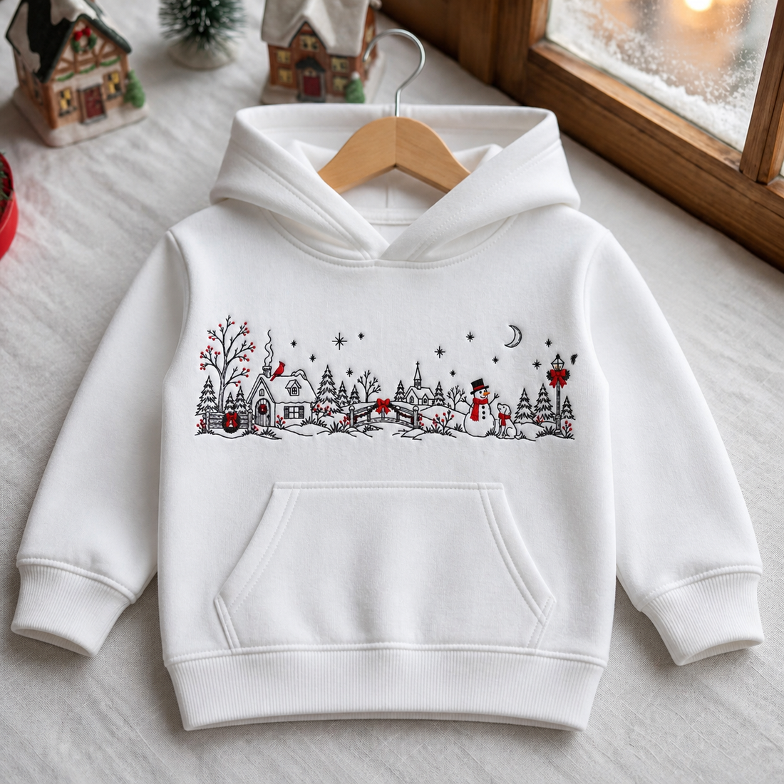 Christmas Winter Village Snowman Dog Cardinal Holiday Scene Embroidered Youth Hoodie