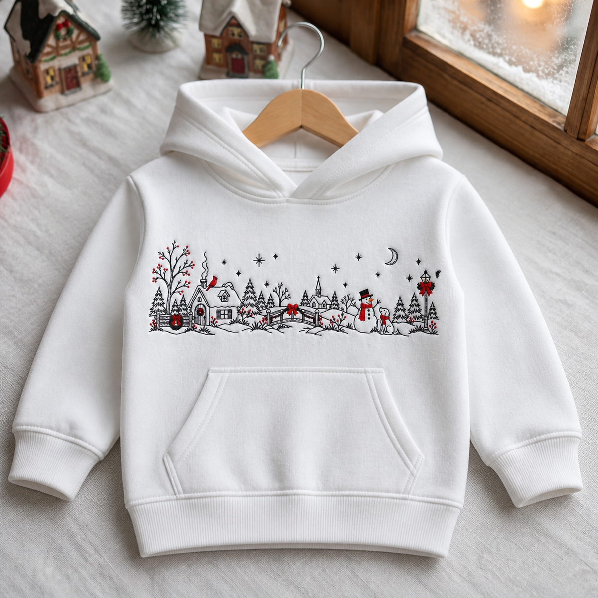Christmas Winter Village Snowman Dog Cardinal Holiday Scene Embroidered Youth Hoodie