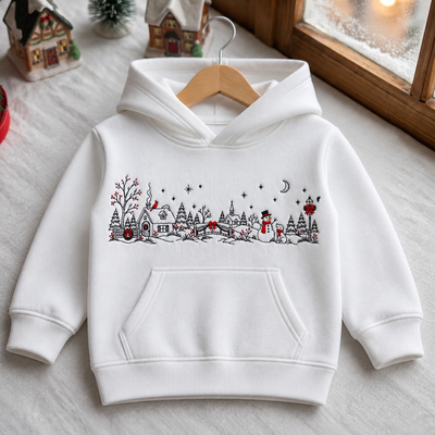 Christmas Winter Village Snowman Dog Cardinal Holiday Scene Embroidered Youth Hoodie