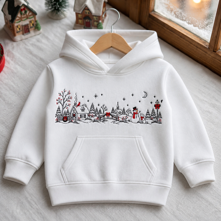 Christmas Winter Village Snowman Dog Cardinal Holiday Scene Embroidered Youth Hoodie