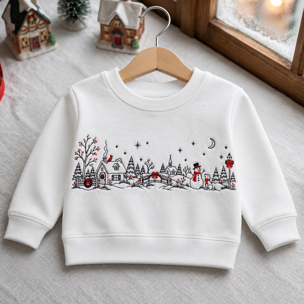 Christmas Winter Village Snowman Dog Cardinal Holiday Scene Embroidered Youth Sweatshirt
