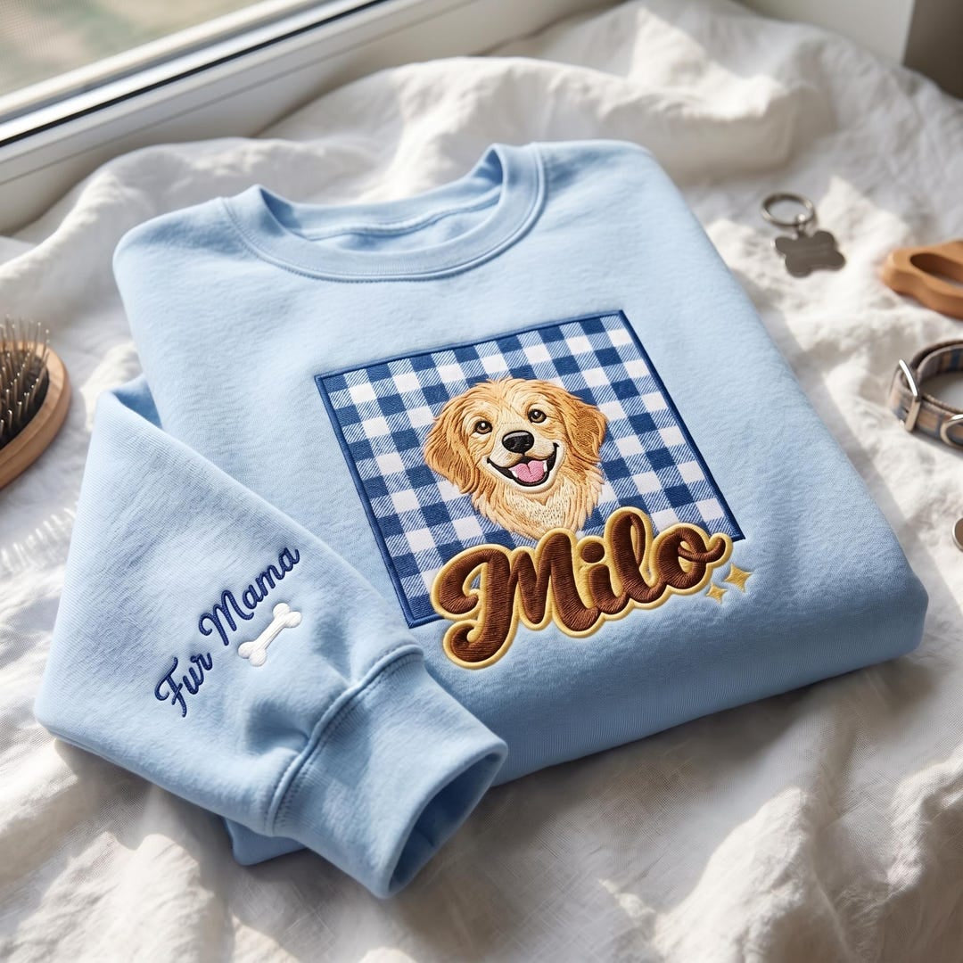 Personalized Dog Portrait Gingham Frame Fur Mama Pet Name embroidered sweatshirt — front view