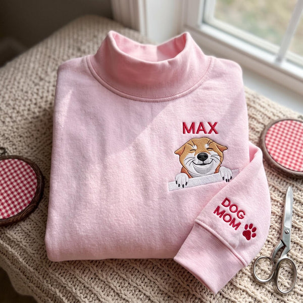 Personalized Dog Mom Smiling Dog Peeking Left Chest Sleeve embroidered mock neck sweatshirt — front view