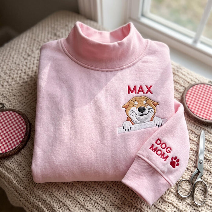 Personalized Dog Mom Smiling Dog Peeking Left Chest Sleeve Embroidered Hoodie