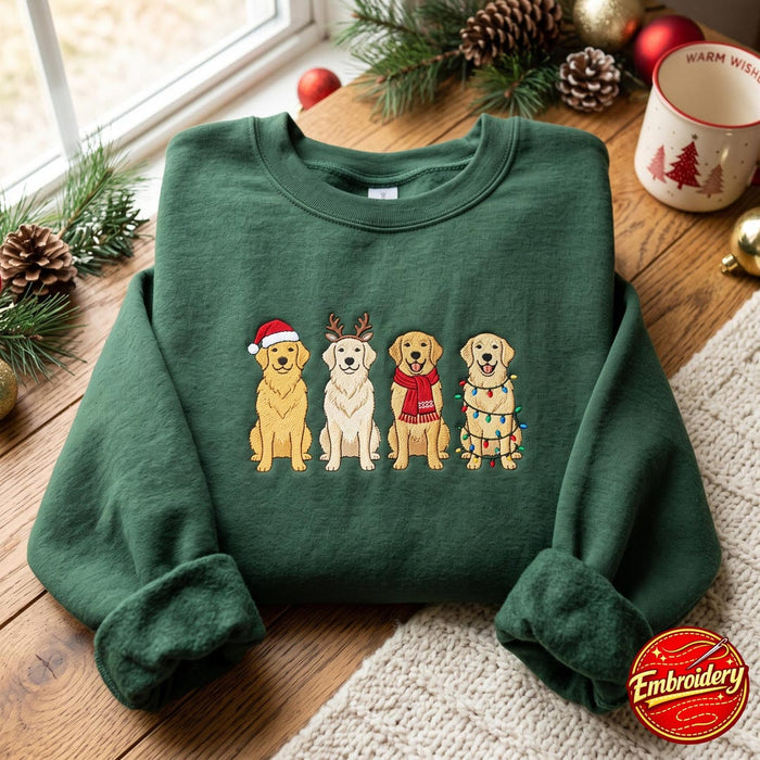 Christmas Golden Retriever Santa Hat Reindeer Scarf Lights Four Dogs Embroidered Sweatshirt