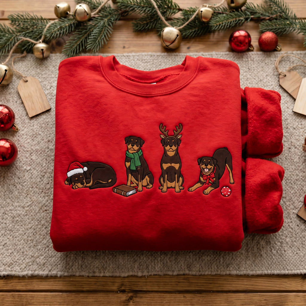 Christmas Rottweiler Four Poses Santa Hat Reindeer Antlers Scarf Bow Holiday embroidered sweatshirt — front view
