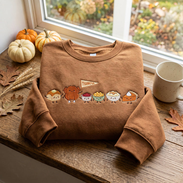 Thanksgiving Food Friends Thankful Banner Turkey Pie Rolls Embroidered Sweatshirt