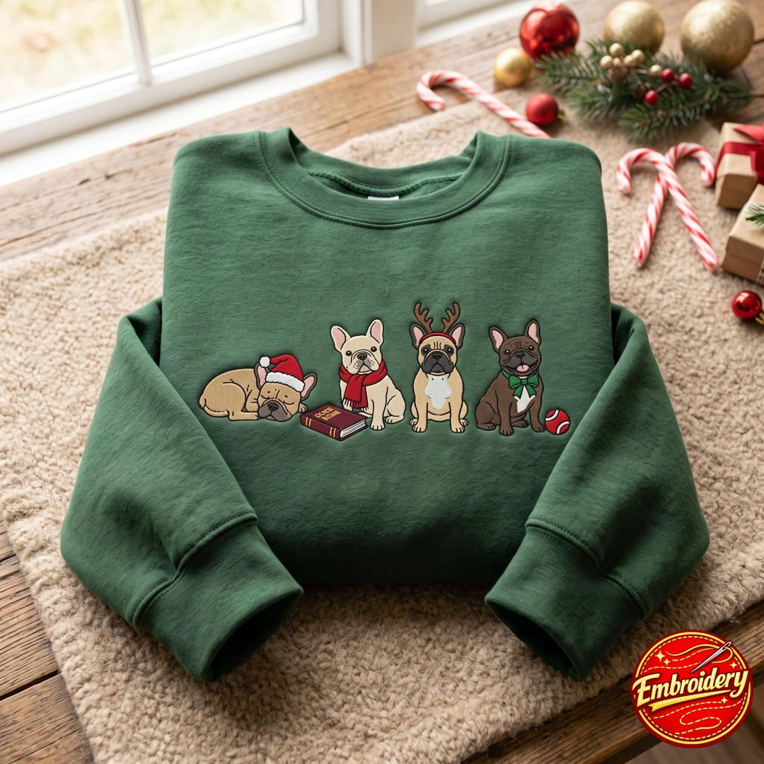 Christmas French Bulldog Four Dogs Santa Reindeer Bow Tie Holiday embroidered sweatshirt — front view