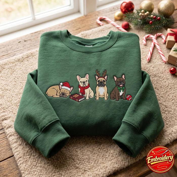 Christmas French Bulldog Four Dogs Santa Reindeer Bow Tie Holiday Embroidered Sweatshirt