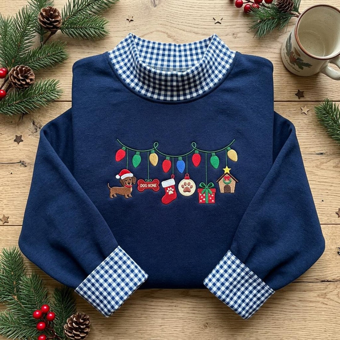 Dachshund Christmas Lights Dog Bone Stocking Paw Gift Dog House Holiday embroidered sweatshirt — front view